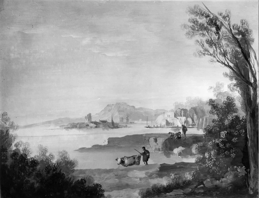 Paesaggio lacustre con mandriano e pescatori